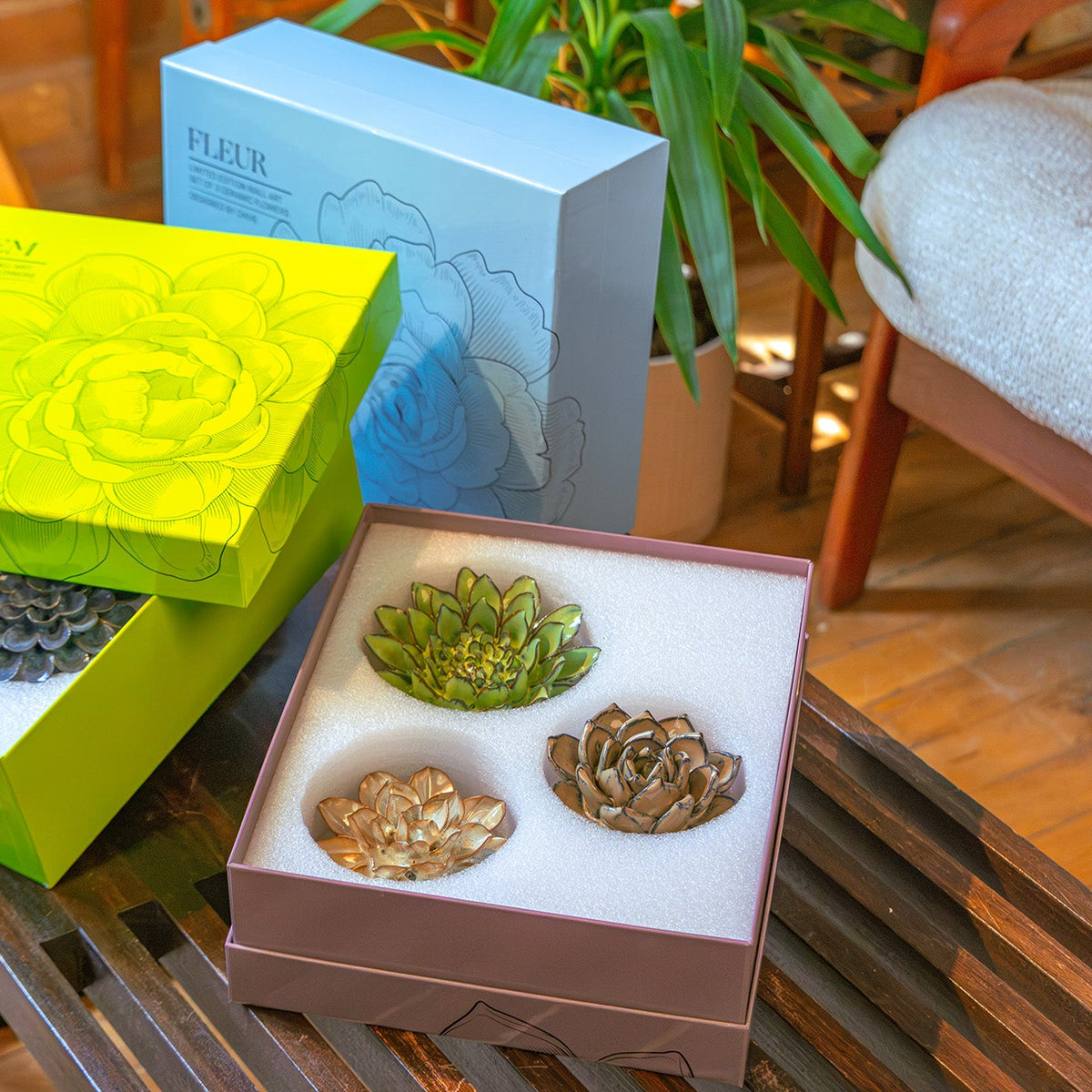 Ceramic flower gift box set of three handmade wall flowers — designed in Toronto by Chive Studio