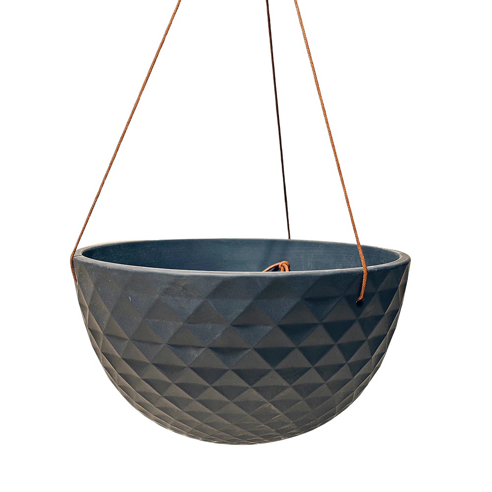 The Philodendron Brazil 10 Inch - Potted is shown in a dark gray, geometric-patterned hanging planter with brown ropes attached at three points, all set against a white background.