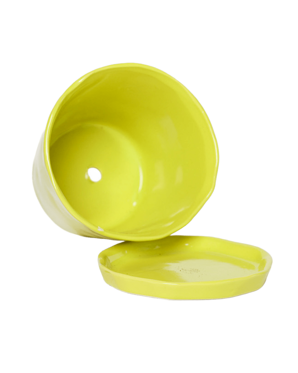 Close-up of the detachable saucer and drainage hole on a Chive Tika green sheen ceramic large pot.