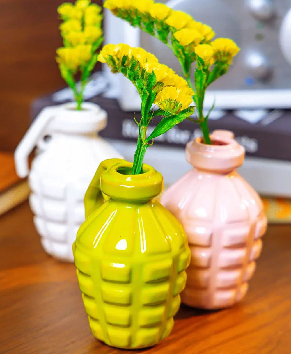 Kapow ceramic vase in Lovebird rose and white with fresh stems — designed in Toronto by Chive Studio