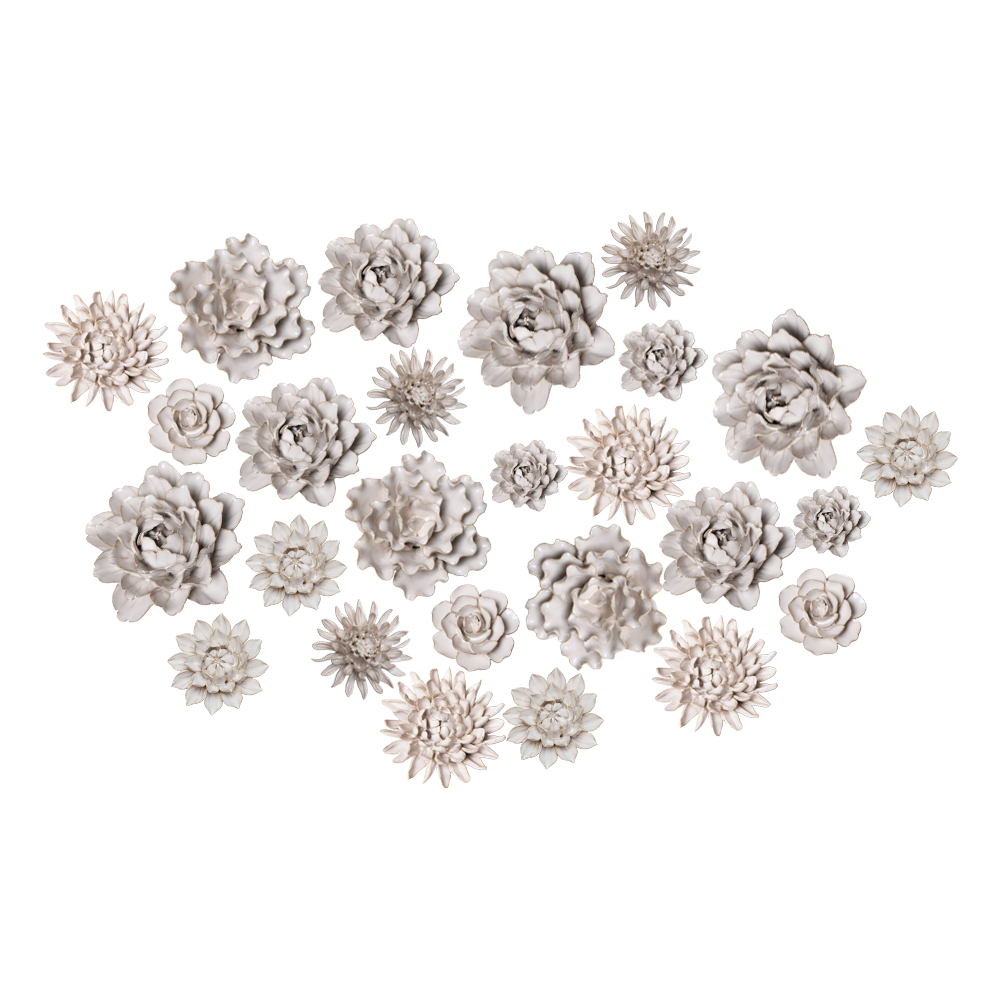 A cluster of various white flowers with intricate petals, arranged in a scattered pattern on a transparent background.