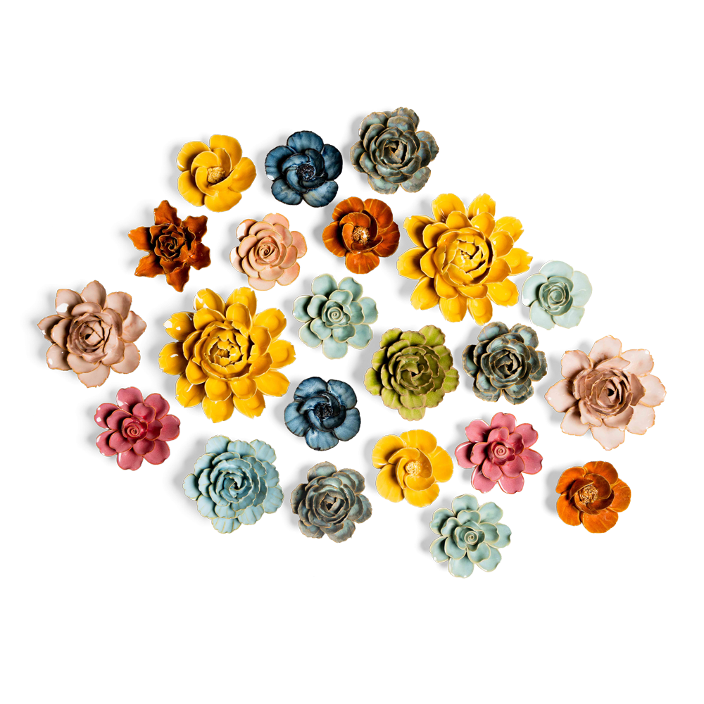 Colorful, intricately crafted metal flowers arranged in a semi-circle. The flowers vary in shades of yellow, blue, pink, orange, and green, each showcasing detailed petals and a subtle metallic sheen.