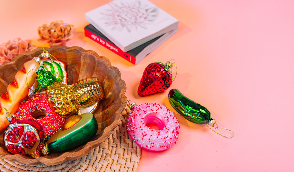 Food ornaments for a christmas tree in blown glass, grouped together — by Chive Studio