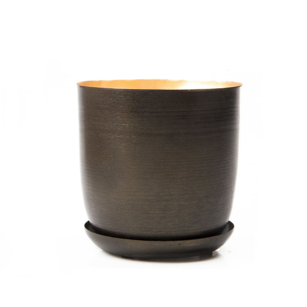 A textured gray and copper Joe Metal Pot With Drainage Hole on a black base, electroplated for durability, set against a white background.