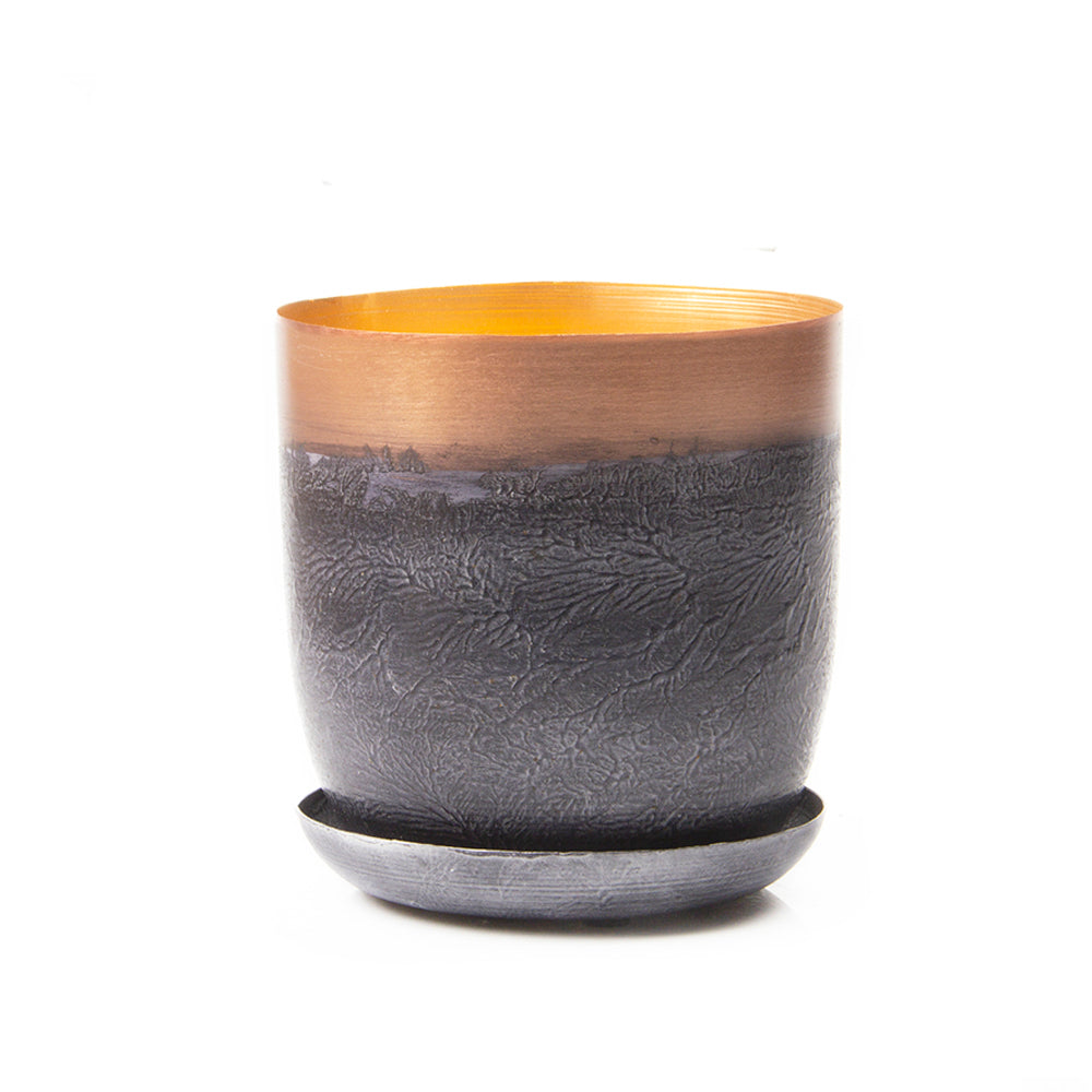 A textured gray and copper Joe Metal Pot With Drainage Hole on a black base, electroplated for durability, set against a white background.