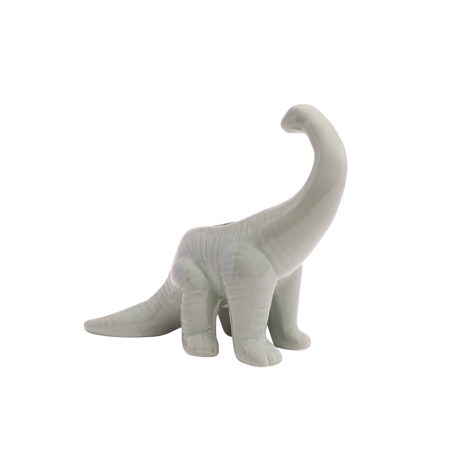 A Dinosaur Ceramic Indoor Plant Pot For Succulents, resembling a brachiosaurus, with a smooth, glossy finish, displayed against a white background, available for re-orders by Chive Studio 2024.