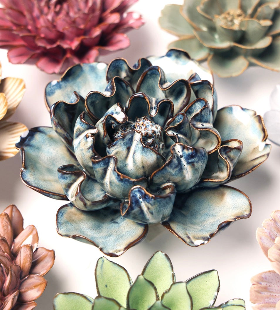 Chocolate Mint Echo Lisianthus - Close up of handcrafted Crafted Artisan Ceramic flowers home styling gift wall art