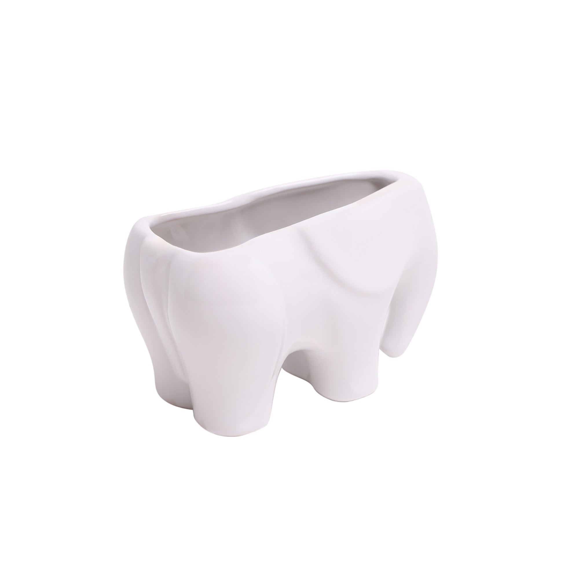 A white ceramic planter in the shape of a sad elephant, isolated on a white background. The Elephant Ceramic Indoor Plant Pot For Succulents hollow in the elephant's back is intended for holding a plant.