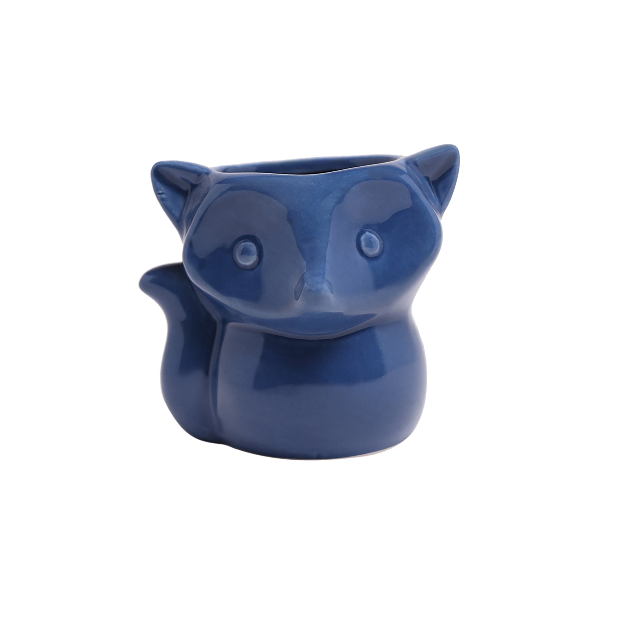 A blue ceramic planter shaped like a cute fox with large eyes and a smooth, glossy finish, isolated on a white background. - Fox Ceramic Indoor Plant Pot For Succulents by Chive Studio 2024