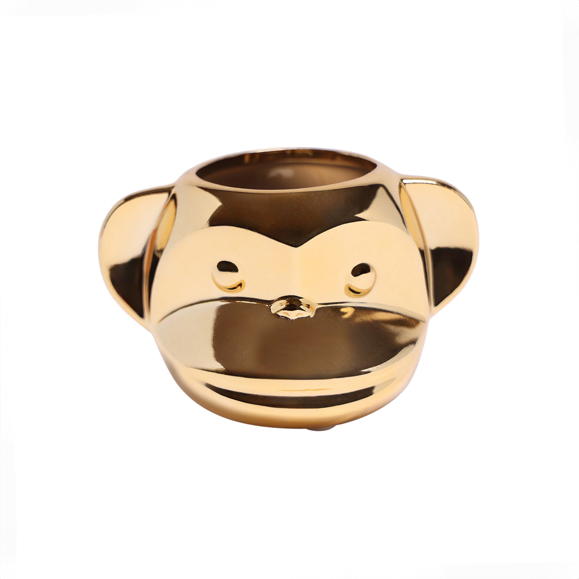 Funky Monkey Planter with a glossy finish, viewed from the front against a white background. The pot features stylized eyes, nose, and mouth, resembling a Chive Studio 2024 monkey's face.