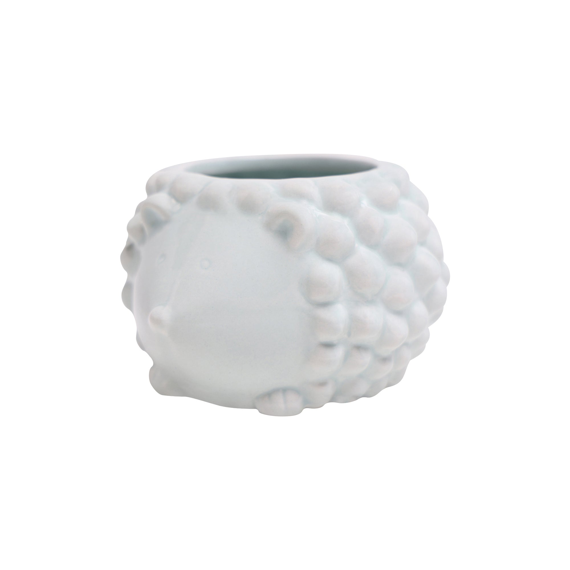 A Hedgehog Ceramic Indoor Plant Pot For Succulents from Chive Studio 2024, shaped like a hedgehog with textured spines, featuring a hollow space for plants, displayed against a white background.