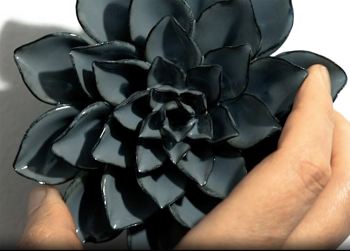 Keyhole slot on back of Chive ceramic wall flower, single screw installation, easy hang no tools required