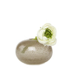 A single white ranunculus flower emerging from a round, textured, high-end Ligne Glass Modern Flower Vase by Chive Studio 2024 isolated on a white background.