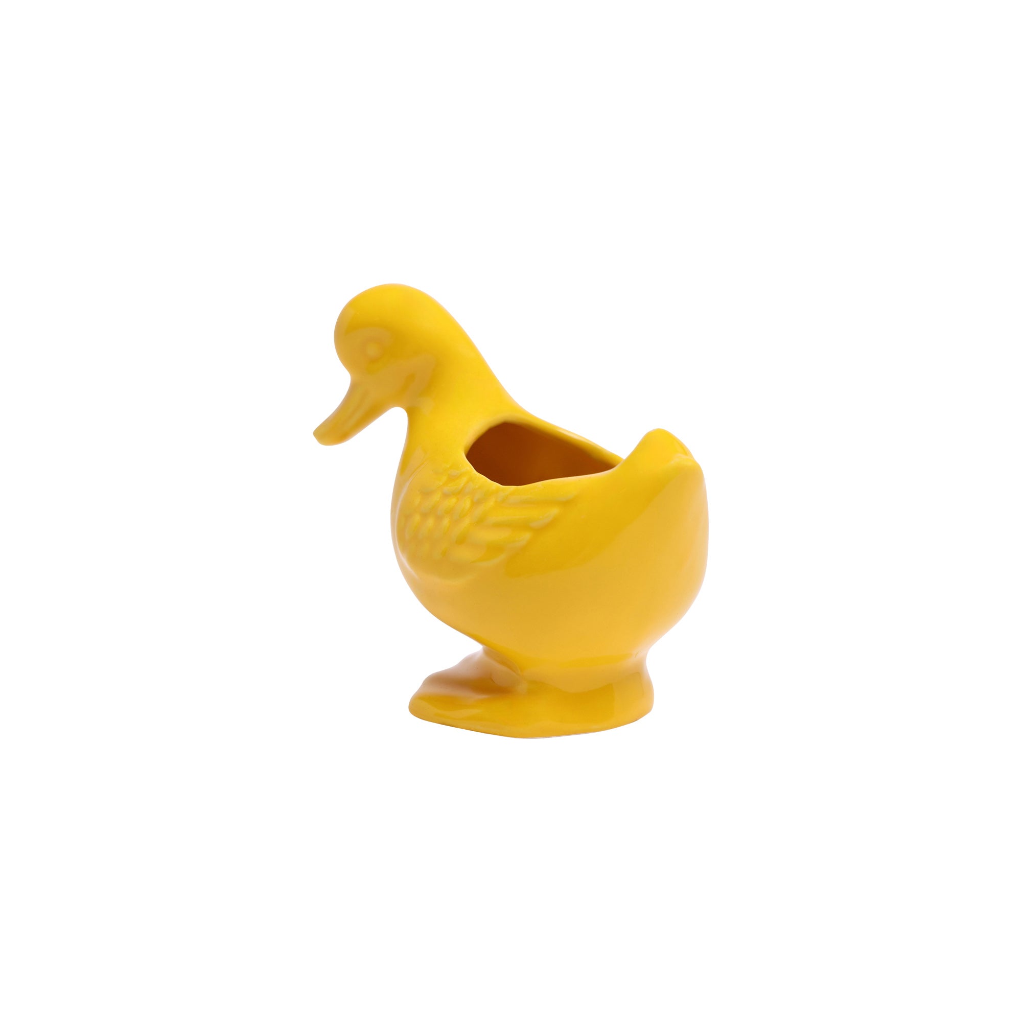 A bright yellow plastic **Duck Ceramic Indoor Plant Pot for Succulents** with a split back design, positioned upright, isolated on a white background.
