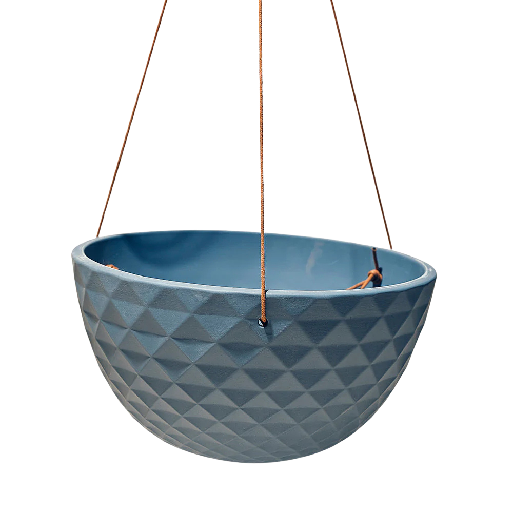 A Philodendron Brazil 10 Inch - Potted sits in a blue ceramic hanging planter with a geometric pattern, suspended by three brown cords against a plain background.
