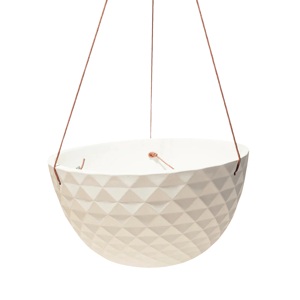The Philodendron Brazil 10 Inch - Potted features a white geometric-patterned hanging planter with two thin brown cords attached on each side for easy suspension.