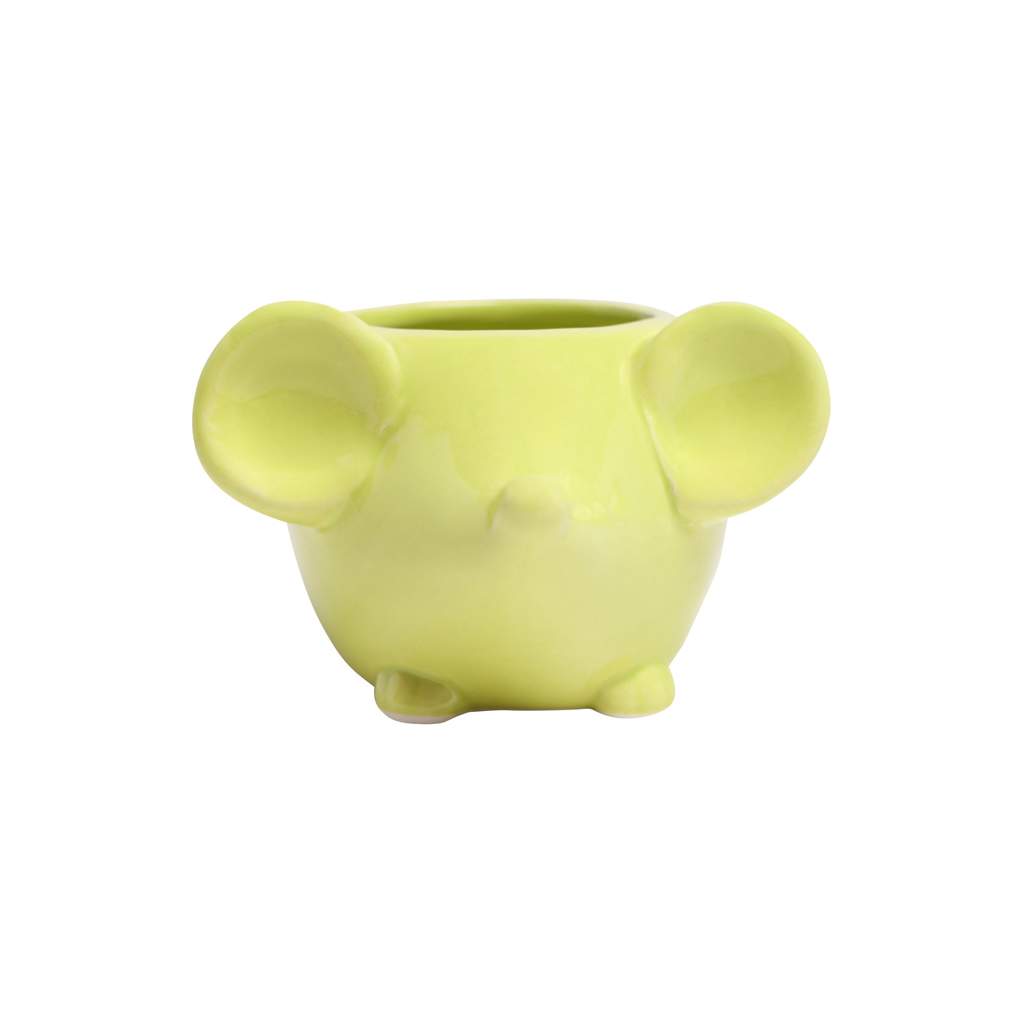 Sentence with replaced product: A Mouse Ceramic Indoor Plant Pot For Succulents shaped like a frog, viewed from a frontal angle, isolated against a white background. Brand: Chive Studio 2024.
