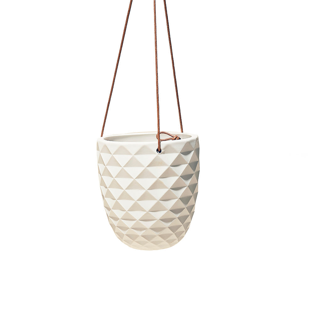 A Thimble Porcelain Modern Hanging Planter, suspended by a waterproof rope against a white background.