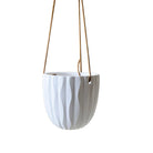 A Virago Ceramic Modern Hanging Planter with a textured exterior, suspended by three brown cords, isolated on a white background, ideal for succulents.