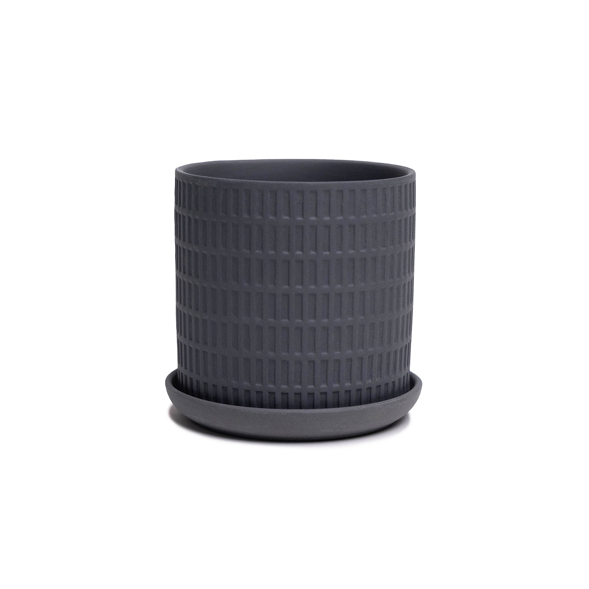A black cylindrical Virago 3.5" Porcelain Pot with drainage hole and saucer, isolated on a white background.