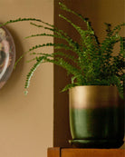 Chive Joe forest gold metal pots styled with a plant on a wood shelf in a home setting.