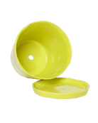 Close-up of the detachable saucer and drainage hole on a Chive Tika green sheen ceramic large pot.