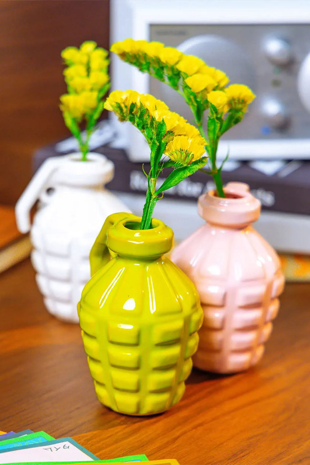 Kapow ceramic vase in Lovebird rose and white with fresh stems — designed in Toronto by Chive Studio